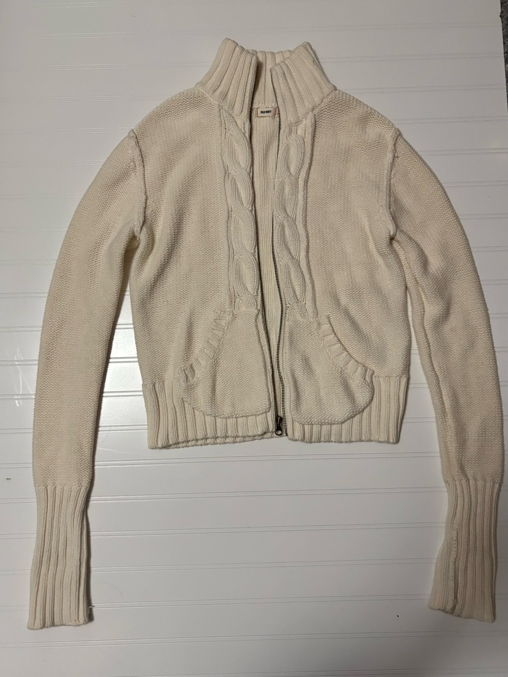 Vintage Old Navy Cream Cable-Knit Zip Front Women's Sweater